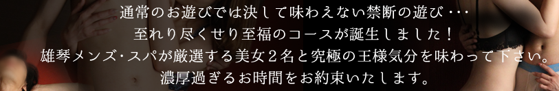 通常のお遊びでは決して味わえない禁断の遊び・・・至れり尽くせり至福のコースが誕生しました！雄琴メンズ・スパが厳選する美女2名と究極の王様気分を味わって下さい。濃厚過ぎるお時間をお約束いたします。